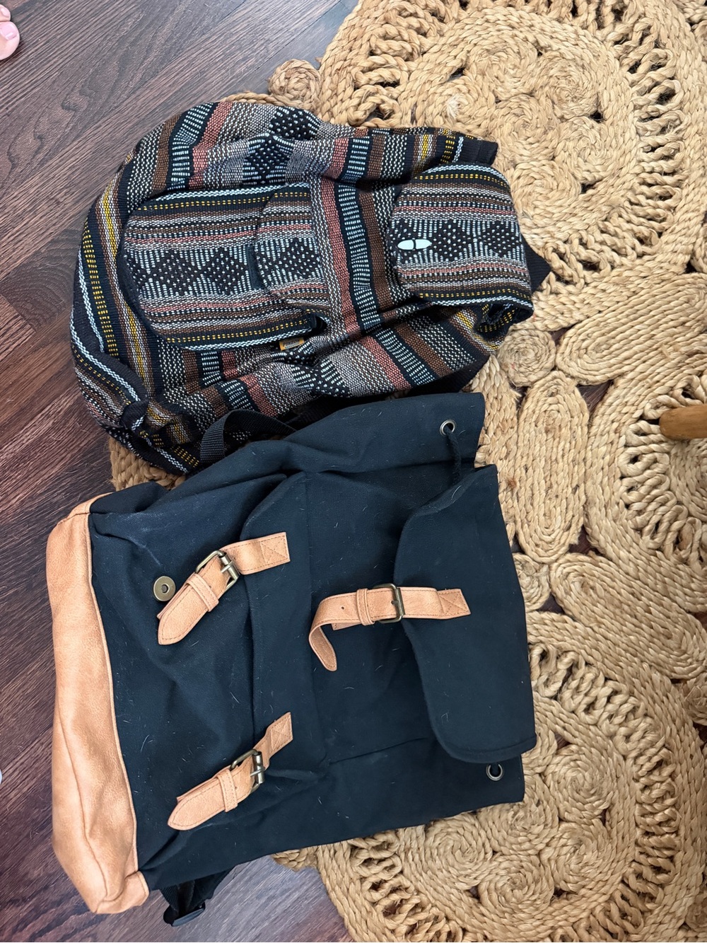 DSW Black Canvas Backpack with Tan faux Leather Accents and Boho backpack